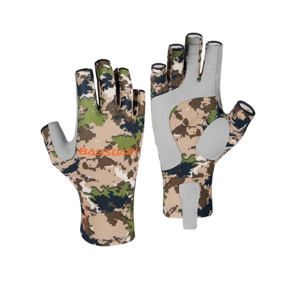 NEW Bass Dash Men's Large Camo Fingerless Fishing Gloves‎ UPF 50 Quick Dry